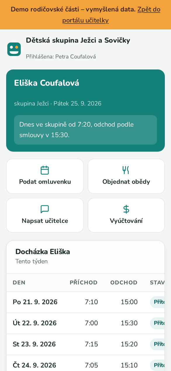 Rodičovský portál na telefonu – docházka dítěte, podání omluvenky, jídelníček a zprávy učitelce