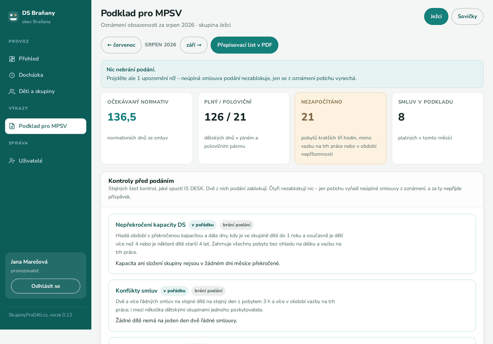 Podklad pro oznámení obsazenosti – obsazenost kapacitních míst po dnech, normativy a výsledky kontrol před podáním