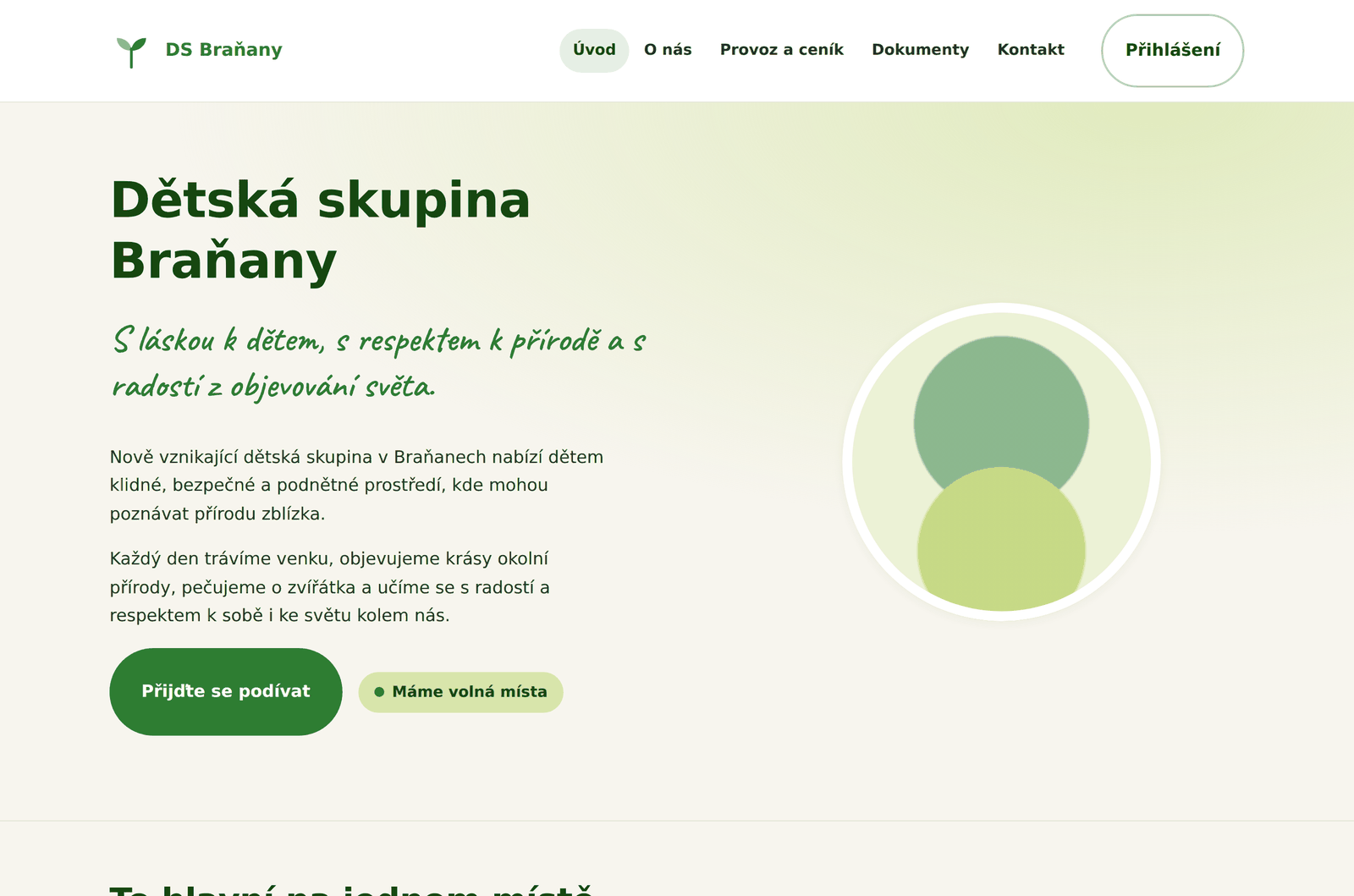 Veřejný web dětské skupiny – úvodní stránka s heslem skupiny, provozní dobou, kapacitou a volnými místy